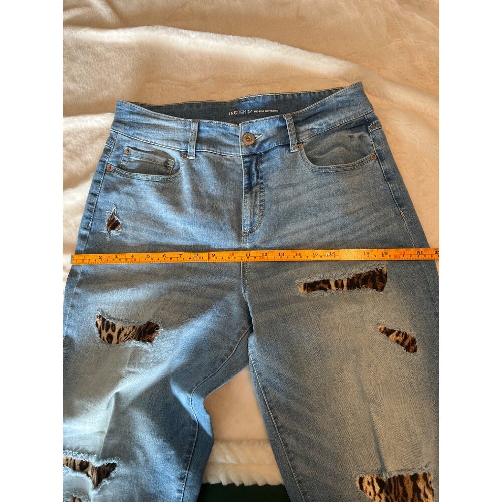 INC Denim Mid Rise Boyfriend Jeans size 12/31 Distressed Leopard Patch - Picture 12 of 12